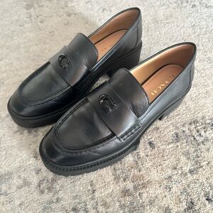 Coach Women’s Black Chunky Leather Loafers with Logo Accent